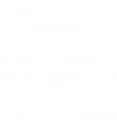 
Texto narrativo:
Son composiciones escritas en prosa. Contienen un relato ficcional sobre algún acontecimiento que se basa en hechos reales o ficticios, ubicados en el tiempo y espacio. La novela y cuento son los más destacados de esta categoría. Texto dramático:
Ofrecen como panorama el conflicto entre dos personajes o más y muestra el desarrollo de éste. Los textos dramáticos están escritos para ser presentados por medio de diálogos entre los personajes y dan la idea de que los acontecimientos están ocurriendo en ese momento, aún cuando se trate de un suceso pasado; el relato lo hacen directamente los personajes. Texto lírico:
Se manifiestan sentimiento y emociones puestos que el yo del autor o en boca de un personaje determinado. Entre estos se encuentran: himnos, odas, elegías y canciones.